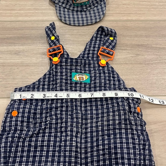 GYMBOREE Rainbow Tag VINTAGE SPORTS Blue Gingham Football Shortalls XSMALL Cap - Picture 2 of 7